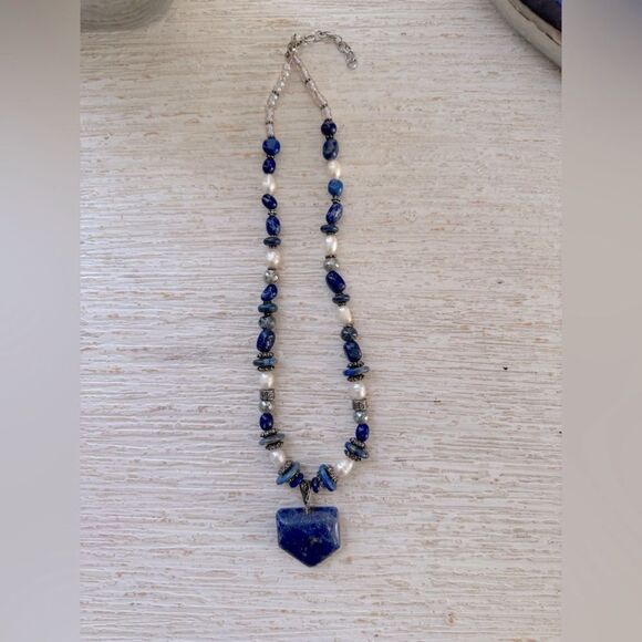 Handmade Blue Lapis Lazuli Silver Pearl Beaded Necklace - Picture 3 of 7